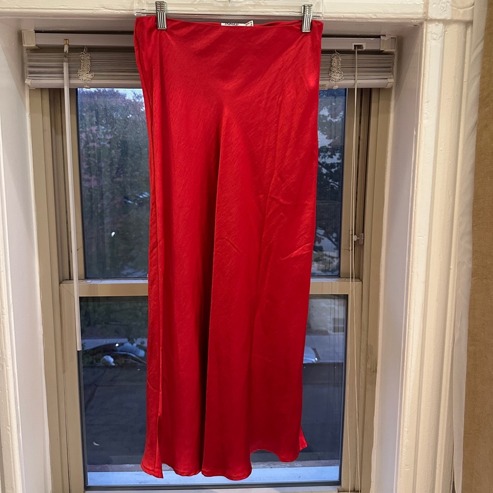 Red silk midi skirt